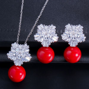 SEQUITO Korean Design CZ Stone Snow-flake Fashion Jewelry Set with Natural Freshwater Pearl Drop Dangling Earrings Necklace for Women Christmas Gifts SJ201
