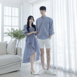 SET ÁO ĐẦM ĐÔI KẺ SỌC ĐỒ CẶP TÌNH NHÂN ĐI BIỂN CHỤP HÌNH CƯỚI