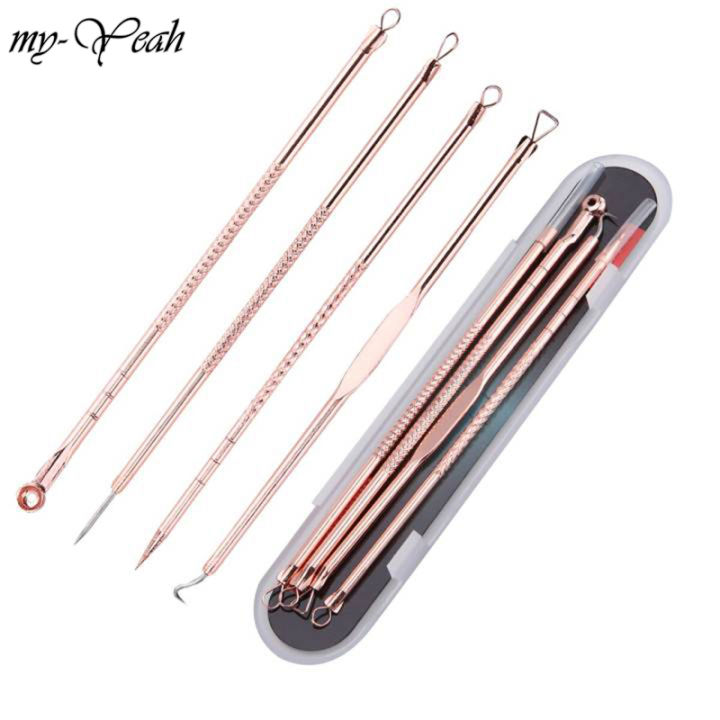 myyeah 4Pcs/Set Rosegold Double-ended Acne Needles Blackhead Spot Comedone Extractor  Remover Clip Pimple Blemish Facial Care Tools