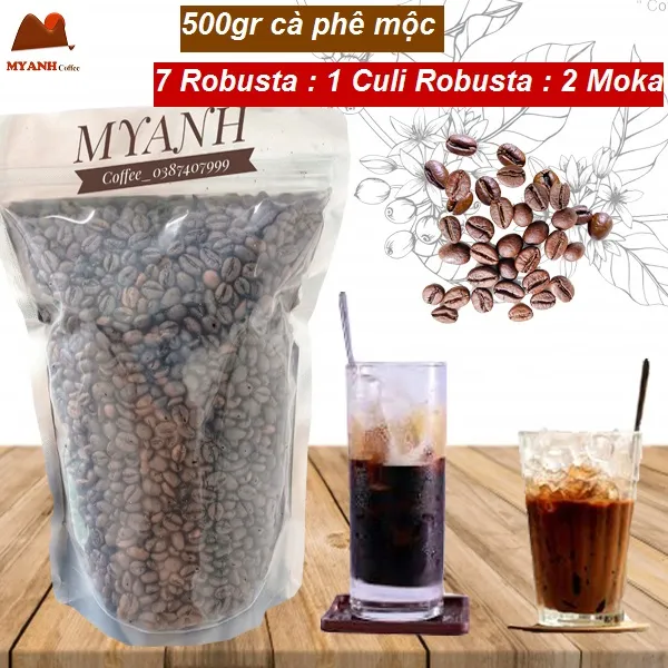 Cà phê - 500g hạt Robusta+ Culi +Moka rang mộc (tỉ lệ hái chín> 98%) - Cafe sạch Lâm Đồng - MYANH Coffee