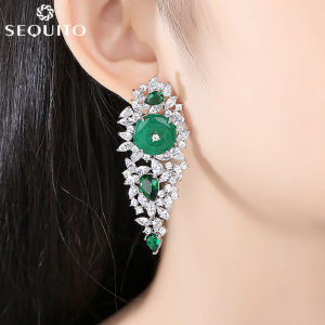 Seกีเครื่องประดับงานแต่งงานสุดหรูปู AAA CZ ข้อความขนาดใหญ่ใบต่างหูรูปหยดน้ำสำหรับคุณภาพสูง18K ทองคำขาวชุบมรกตเครื่องประดับเจ้าสาว SE-241