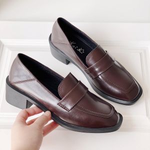 Giày Nữ Loafer Moca Basic Da Mềm Fullbox 5cm Màu Đen Nâu