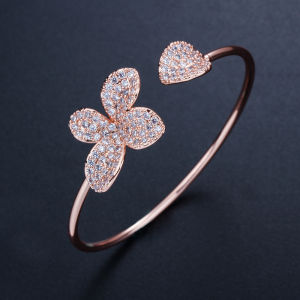 SEQUITO Fashionable Flower Leaf Charm Cuff Bangle Micro Pave Tiny AAA Cubic Zircon 18K Rose Gold Plated Adjustable Open Bracelet Women Party Jewelry B008