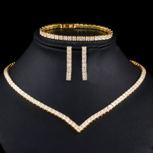 SEQUITO Gorgeous Dazzling Bridal Accessories Gold Plated Jewelry Paved Square Cubic Zircon V Shape Necklace Earrings Bracelet Set SJ196