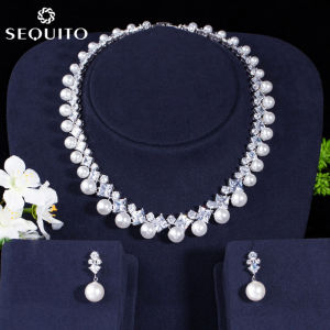 SEQUITO Free Shipping Natural Freshwater Pearl Jewellery Set Dress Accessories Engagement Wedding CZ Stones Tessel Choker Necklace Earrings for Bridal SJ057