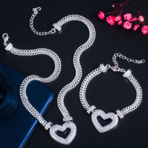 SEQUITO African Gold Plated Cubic Zirconia Heart Charm Exaggerated Miami Cuban Chain Bracelet Necklace Hip Hop Style Jewelry Set for Women Men SJ202