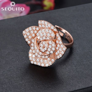 SEQUITO Adjustable Exquisite Rose Flower Full Micro Pave Tiny CZ Diamond Open Ring Women Korean Fashion Jewelry Gifts for Prom Party Accessories SR011