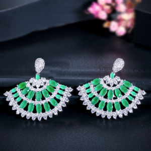 SEQUITO High Quality Women CZ Party Jewelry Emerald Green Stones Setting Elegant Fan Shaped Big Drop Earrings for Ladies SE436