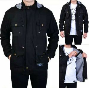 Jaket Parka Full Black Premium Canvas Size M L XL XXL Pria