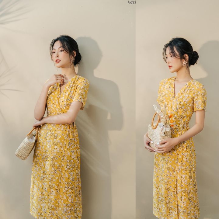 Đầm voan họa tiết hoa nhí cổ tim rút dây KK98-31 | Thời trang công sở K&K  Fashion