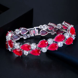 SEQUITO Delicate Women Bangle Jewelry Indian Waterdrop Ruby Red CZ Crystal Mona Lisa Tennis Bracelet for Wedding B112