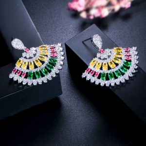 SEQUITO High Quality Women CZ Party Jewelry Emerald Green Stones Setting Elegant Fan Shaped Big Drop Earrings for Ladies SE436