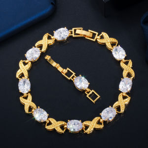 SEQUITO Luxury Yellow Gold Color Paved Shiny Oval Cubic Zirconia Tennis Bracelets Bangle for Dubai Party Women Jewelry B120