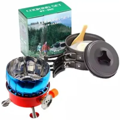 paket alat camping termurah kompor gas windproof anti badai dan cooking set DS-200 SY-200 nesting