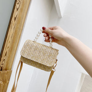 [HCM]Túi cói đeo chéo nữ mùa hè quai đính hạt ngọc dạng hộp nhỏ xinh túi xách nữ quai da đi biển đi chơi