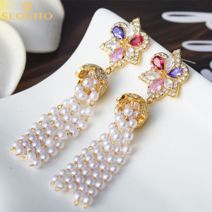 SEQUITO Temperament Colorful Cubic Zirconia Flower Drop with Long Pearl Tassel Dangle Earrings for Women 925 Silver Pins Bohemia Jewelry SE085