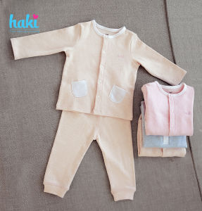 Bộ quần áo thu đông dài tay cài giữa hai túi ốp Melange Cotton cao cấp HAKI BC003 + Set sơ sinh hàng xuất khẩu cho bé tới 3 tuổi (2.5-15kg) đồ bộ cho bé trai bé gái quần áo mặc nhà cho bé