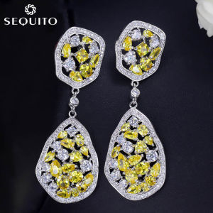 SEQUITO Temperament CZ Asymmetry Big Geometric Long Dangle Earrings Pave Yellow Topaz for Women Statement Fashion Hollow Drop Jewelry Femme SE151