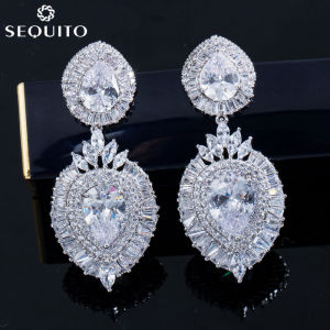 SEQUITO Luxury Engagement Wedding Earrings for Women Fashion 18K White Gold Plated CZ Diamond Large Teardrop Dangling Earing Jewelry SE139