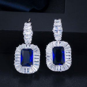 SEQUITO Fashion 925 Sterling Silver Cubic Zirconia Wedding Party Jewelry Inlaid Baguette Sapphire Blue Crystal Big Bridal Drop Dangle Earrings for Women Girls SE406