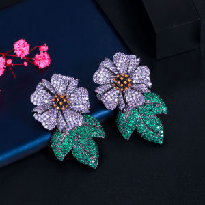 SEQUITO Exaggerated Black Gold Plated Purple Green Cubic Zirconia Setting Flower Leaf Large Drop Earrings for Women Unique Party Jewelry SE421