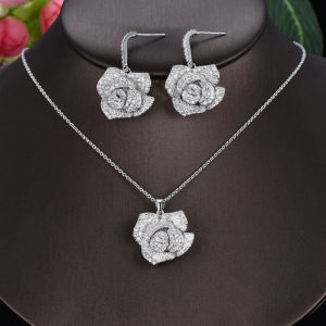 SEQUITO Bộ Bông Tai Vòng Cổ Mặt Dây Chuyền Hoa Hồng Đá Cubic Zirconia Mạ Vàng Trắng Chất Lượng Cao Cho Cô Dâu Phụ Kiện Trang Sức Đám Cưới SJ198