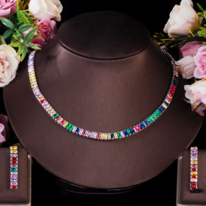 SEQUITO Trendy Women Gorgeous Rainbow Cubic Zirconia Choker Necklace Earrings Gold Plated Banquet Jewelry Set SJ194