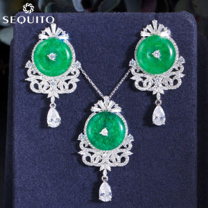 SEQUITO Unique Design with AAA Cubic Zirconia Diamond Big Pendant Necklace Earrings Vintage Emerald Green Bridal Jewelry Set for Party Accessories SJ117