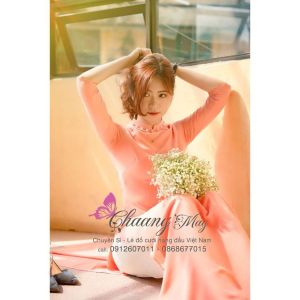 Áo dài cam CHAANG May sẵn áo dài truyền thống vải lụa tằm đẹp co giãn