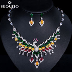 SEQUITOออกแบบพิเศษMulticolor Cubic Zircon Statement Big Phoenixจี้สร้อยคอต่างหูVintageอัญมณีชาติพันธุ์ชุดSJ136