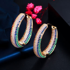 SEQUITO Bông Tai Tròn Lớn Đính Đá Zircon Khối Nhiều Màu Mạ Vàng Siêu Sáng Bóng Cho Nữ Trang Sức Đính Hôn Sang Trọng SE411