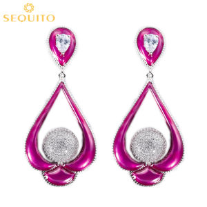 SEQUITO Bông Tai Mặt Dây Chuyền Dài Hình Giọt Nước Màu Đỏ Hồng Sang Trọng Trang Sức Thời Trang Hình Tròn Đính Đá CZ Siêu Nhỏ Phụ Kiện Đầm SE269
