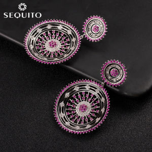SEQUITO Retro Hollow Design Big Round Pendant Earrings Inlay Cubic Zirconia Women Statement Bohemian Jewelry Costume Accessories SE275