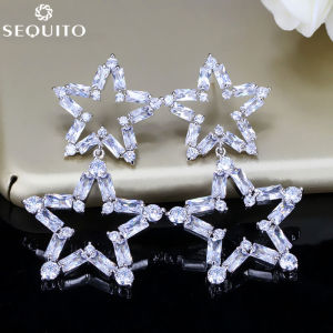 SEQUITO High Quality White Gold Plated Large Double Star Pendant Earrings with Baguette Clear AAA CZ Eariing for Women Statement Fashion Jewellery Gifts SE210