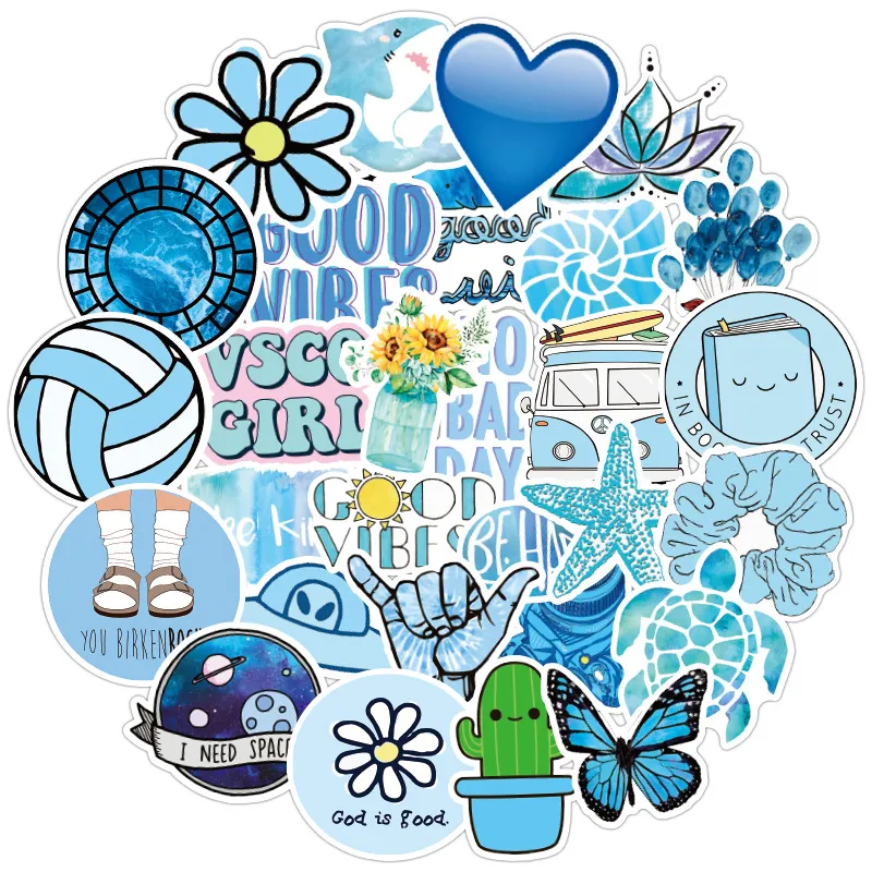 50pcs Cute Vsco Girl Sticker for Water Bottle Waterproof Vinyl Laptop  Sticker Stationery Diy Blue Aesthetic Sticker