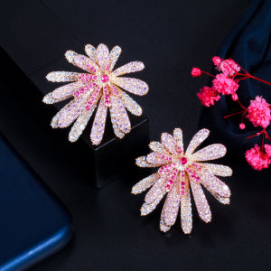 SEQUITO Dazzling Gold Plated Pink Daisy Women Large Stud Earrings Paved AAA Cubic Zirconia Wedding Jewelry for Brides SE414