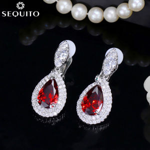 SEQUITO Delicate Cubic Zirconia Teardrop Dangle No Pierce Clip on Earring Women Fashion No Hole Ear Jewelry for Wedding SE057