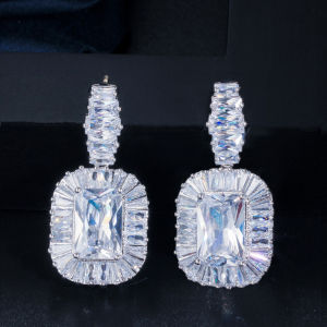 SEQUITO Fashion 925 Sterling Silver Cubic Zirconia Wedding Party Jewelry Inlaid Baguette Sapphire Blue Crystal Big Bridal Drop Dangle Earrings for Women Girls SE406
