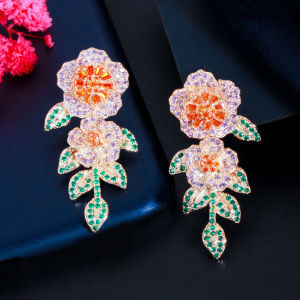 SEQUITO Delicate Geometric Flower Drop Dangle Earrings Gold Plated Inlaid Multicolor CZ Crystal Plant Jewelry Accessories for Women SE422