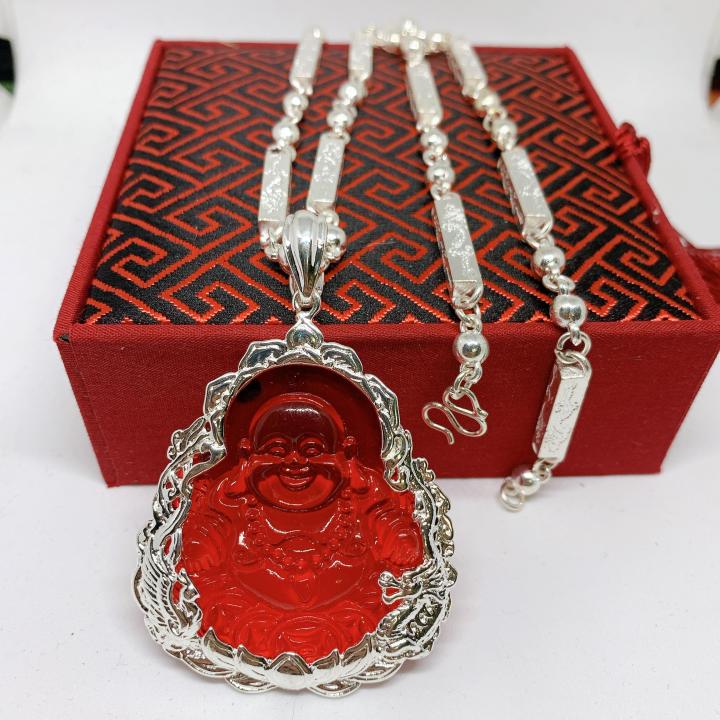 Dây chuyền bạc Phong thủy Mặt Di lạc đá đỏ Bạc Thái Cao Cấp - dây chuyền nam, dây bạc, vòng cổ, day chuyen (dây và mặt) ( Màu bạc)