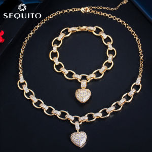SEQUITO Trendy Full Micro-pave Cubic Zircon Heart Shape Pendant Choker Necklace Bracelet for Women Gold Color Jewelry Set for Heavy Dinner SJ154