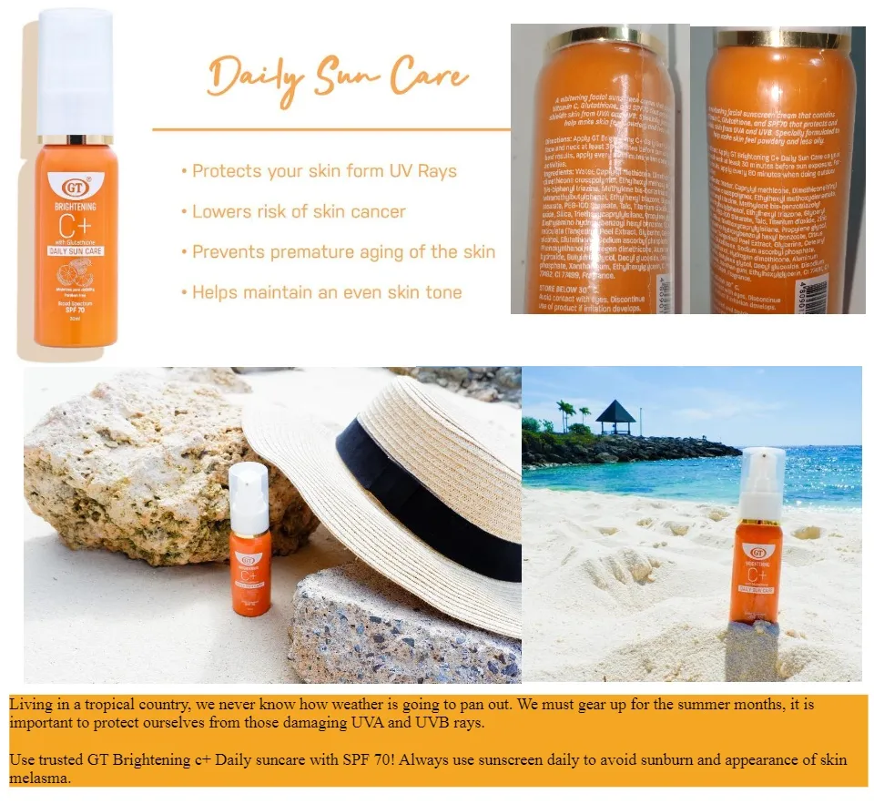 gt brightening c+ with glutathione daily sun care C+WITH & INTENSIVE HYDRA BURST MOISTURIZER REVIEW Contains glutathione 0% alcohol Paraben GT Brightening C+ Daily Sun