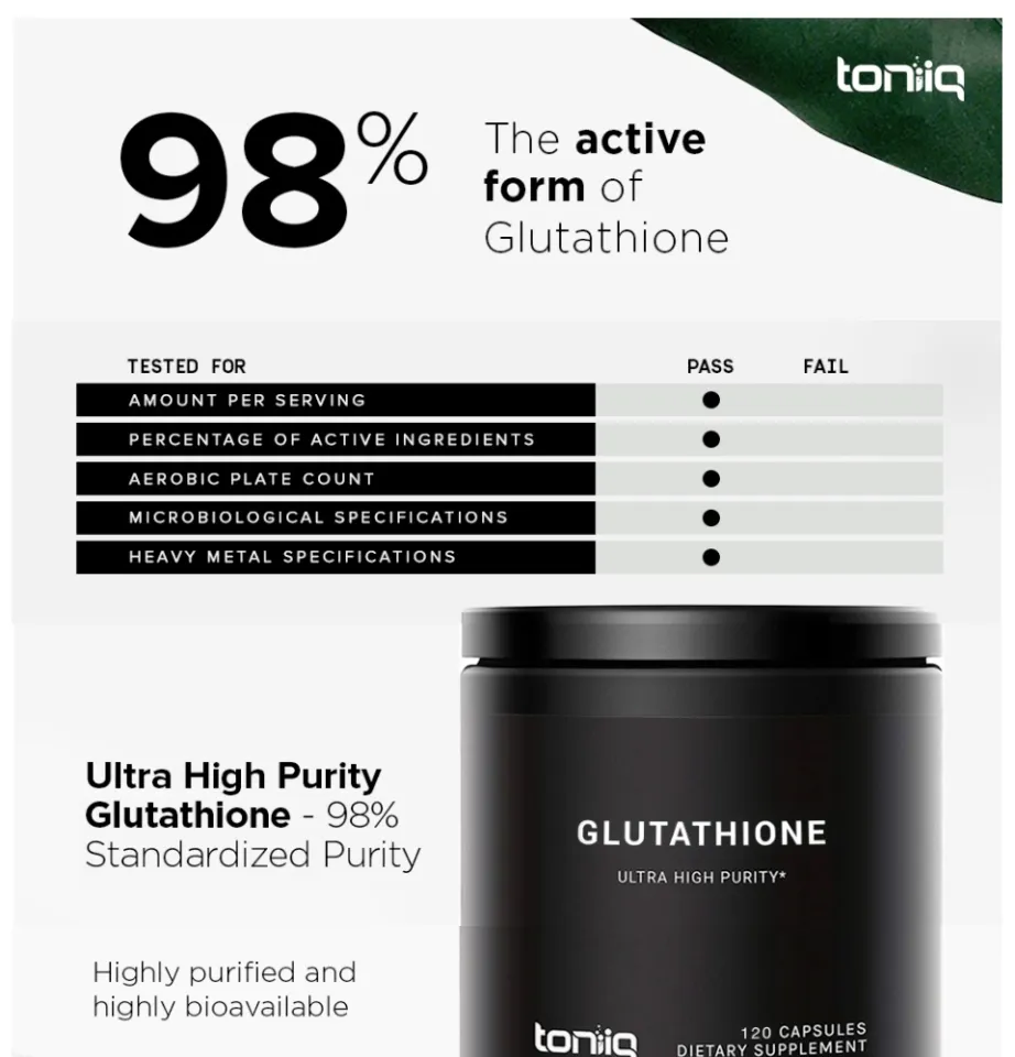 toniq glutathione Toniiq Ultra High Strength Glutathione - 1000mg Concentrated Formula - 98%+  Highly Purified and Highly Bioavailable by Toniiq