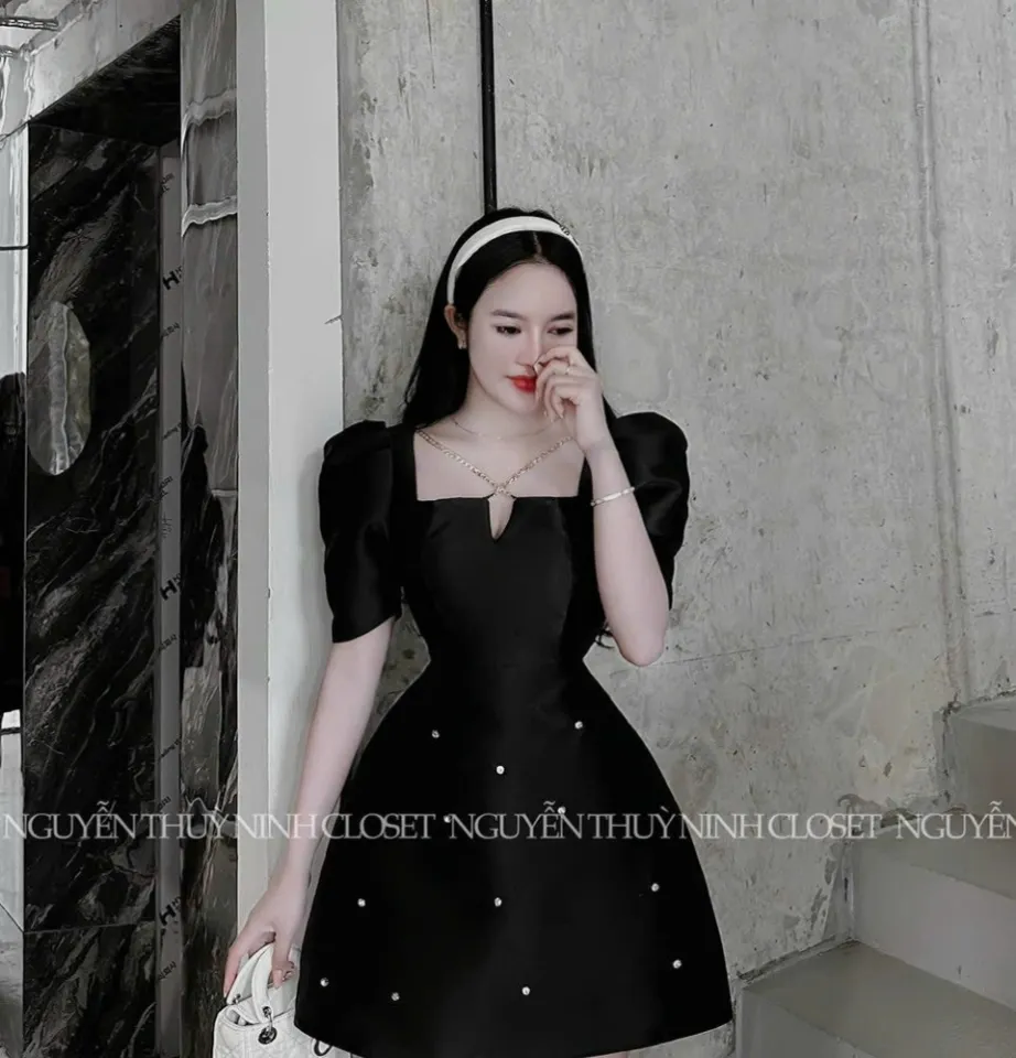 Váy xòe tiểu thư tay ngắn cổ chữ V gắn nơ xinh xắn, nữ tính | Chiaki.vn