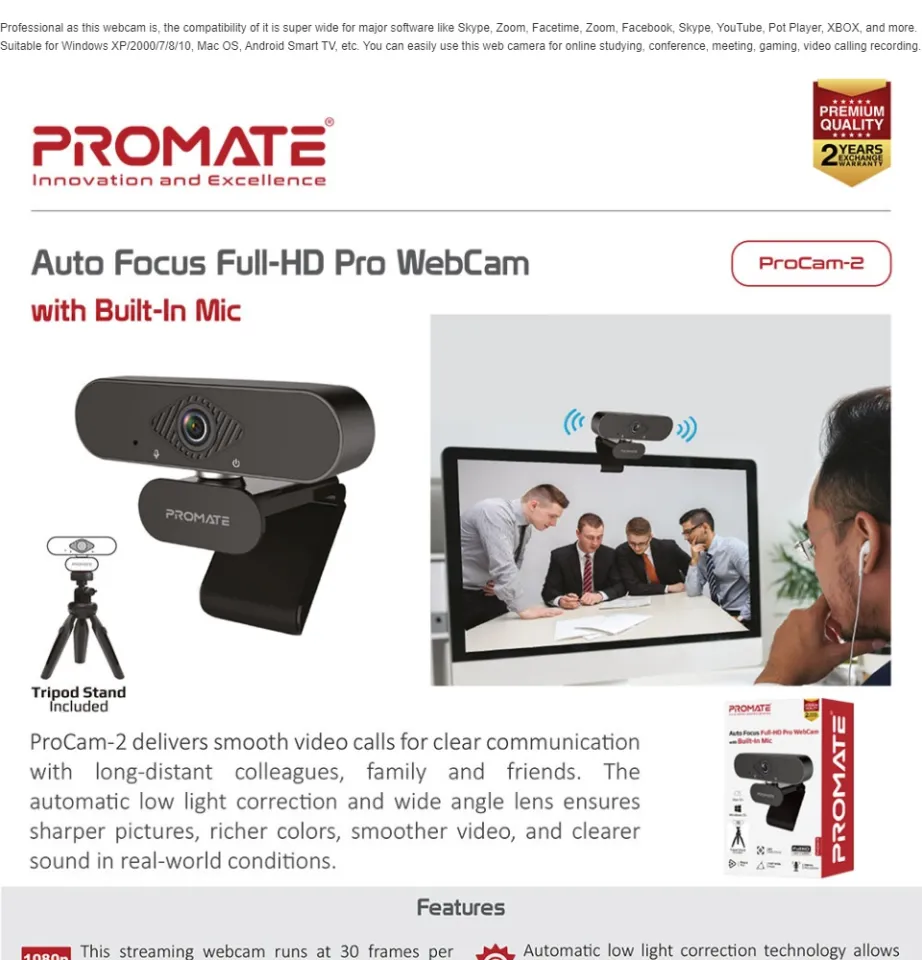 Promate ProCam-2 Full HD Webcam with Auto Focus, Professional 120