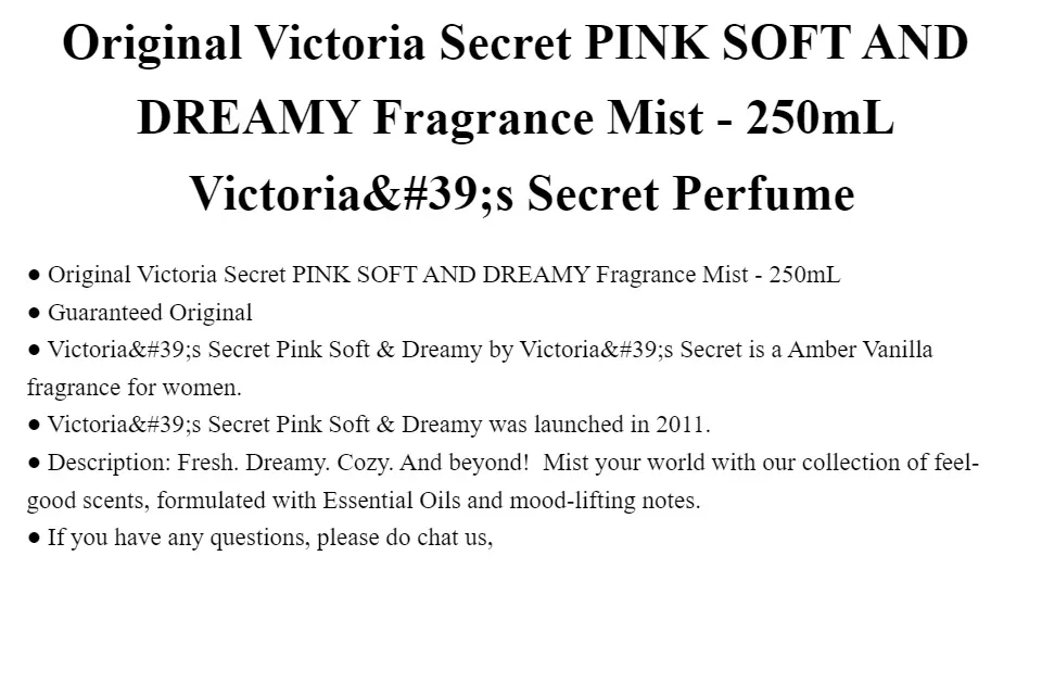 Original Victoria Secret PINK SOFT AND DREAMY Fragrance Mist - 250mL Victoria's  Secret Perfume