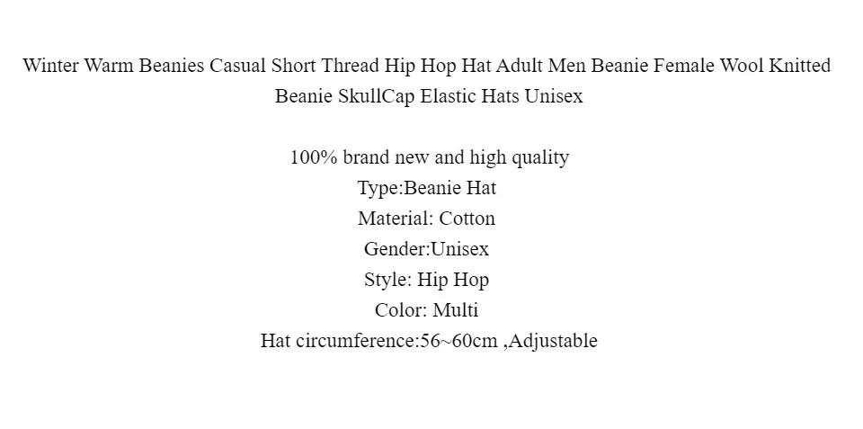 Winter Warm Beanies Casual Short Thread Hip Hop Hat Adult Men Beanie Female  Wool