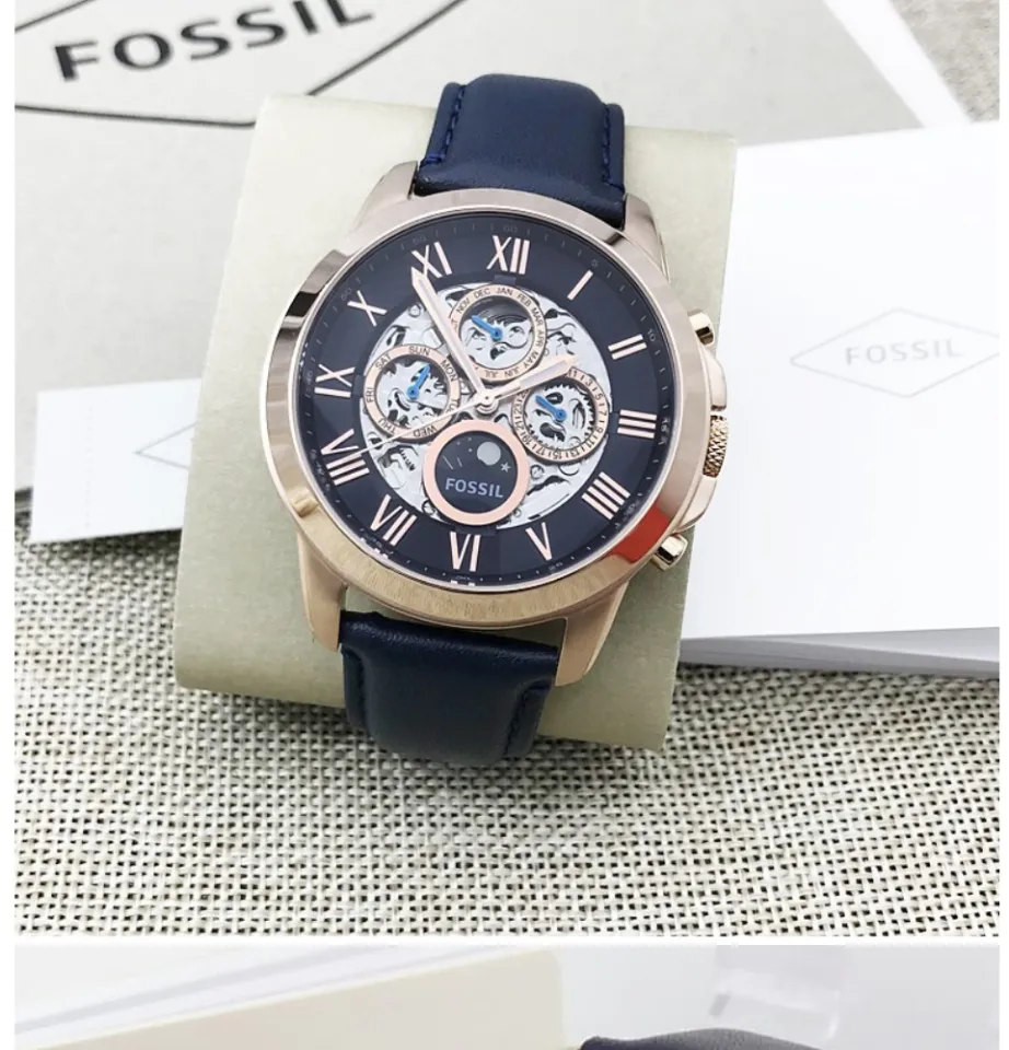 Authentic Fossil Men Grant Automatic Skeleton Dial Navy Blue