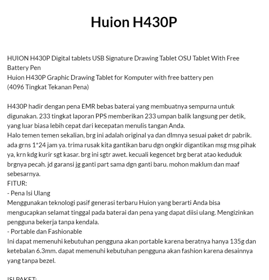 Original) BISA ✯COD✯ Huion H430P H420 Pen Tablet Graphic