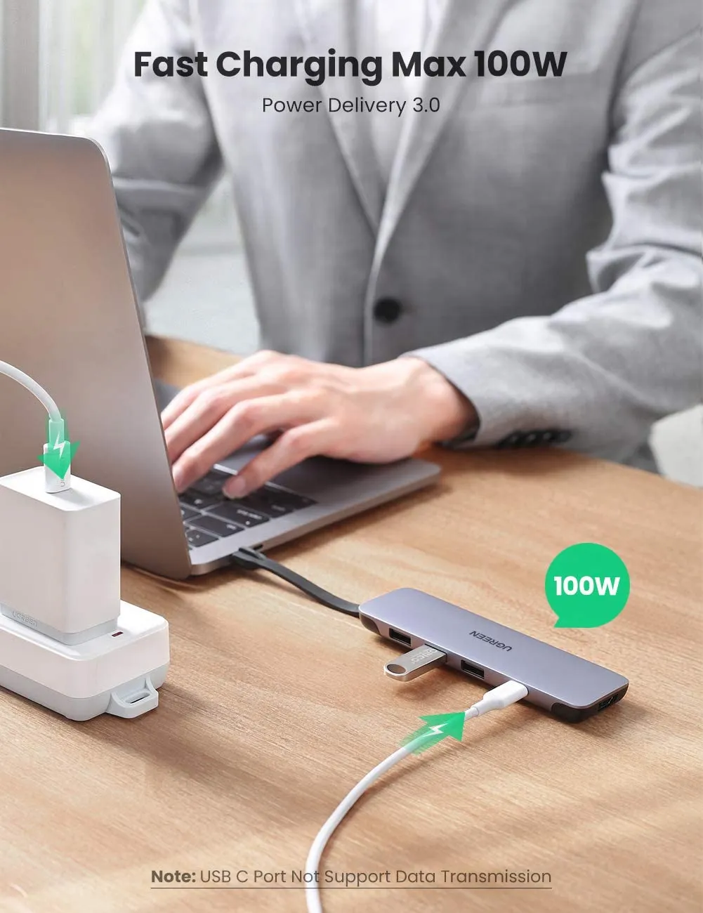 Ugreen 5-in-1 USB-C Hub 4K HDMI USB 3.0 2 <ul> <li>Fast 100W USB C Power Delivery PD Charger: The USB C Female port supports 100W Power Delivery PD at Max 20V 5A, fast charging your laptop when connecting it with a PD wall adapter. Fast charging is available only for laptops. Phones only support normal charging.</li> <li>Aluminium case with foldable cable design, much durable and perfect to take on the go, compatible with USB-C and Thunderbolt 3 device such as MacBook, MacBook Pro 2019/2018/2017/2016, Dell XPS 13 15, Surface Go/Book 2, ASUS ZenBook3 and more.</li> </ul>